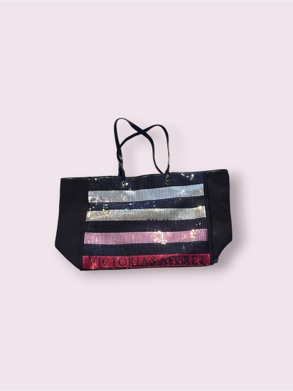 Victoria's Secret Black Tote with Pink and Silver Sequin Stripes